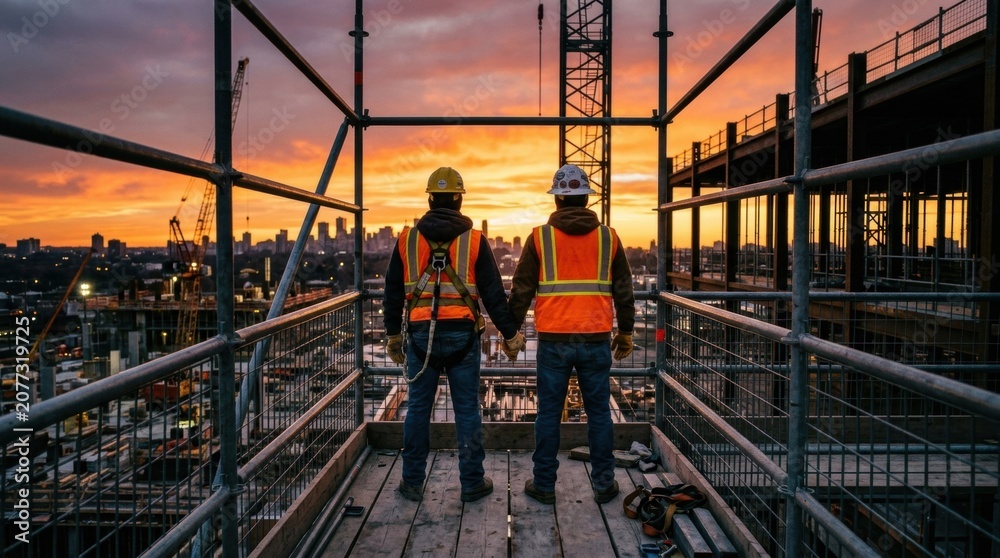 Naklejka premium Determined construction workers on scaffolding at sunset, wearing Two in hard hats standing