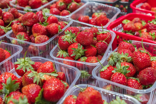 Fresh strawberries fill clear plastic containers