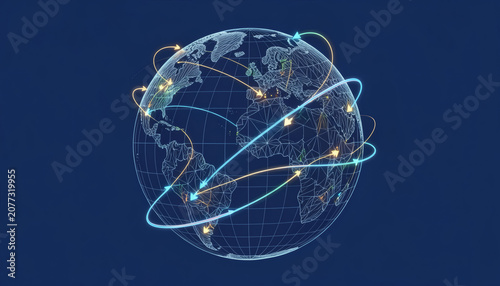 A Stylized Digital Wireframe Globe Depicting Continents With Glowing Orange And Blue Arrows Tracing Connection Lines And Orbital Paths Across A Dark Blue Background