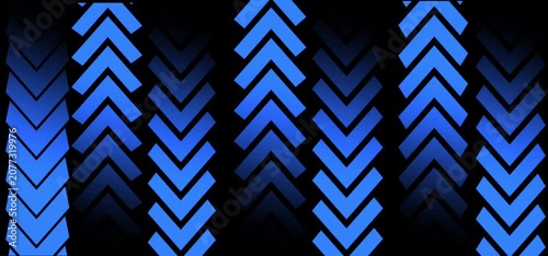 Alternating columns of blue neon chevron arrows moving up and down against a black background in a seamless loop.
