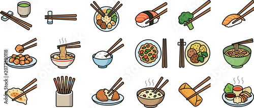 Quadro su tela Japanese and Chinese Asian food vector icons set, sushi, ramen, dumplings, chops