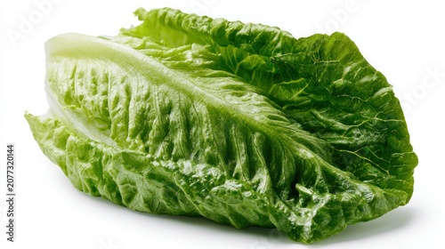 Crisp romaine lettuce sits alone on a white surface.