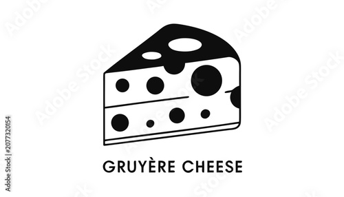 Photos Very beautiful black and white vector of GRUYÈRE CHEESE featuring firm cheese texture and traditional wedge shape, isolated on white background, with a bold label reading GRUYÈRE CHEESE beneath