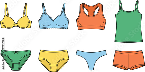 Fotografie Women underwear and lingerie vector icons set, brassiere, panties, sports bra, c