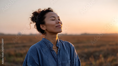 peaceful woman with short hair enjoying calm sunset moment showing mindfulness and mental wellness