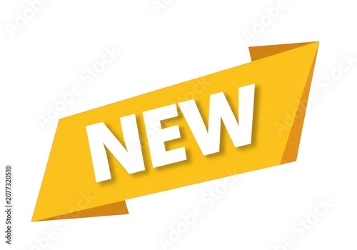Yellow ribbon banner with the word new isolated on a white background