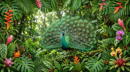 Majestic peacock display with tropical foliage diwali inspired nature photography