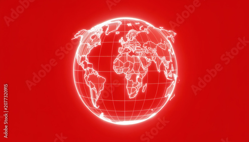A Glowing White Wireframe Globe Depicting A Map Of The World Centered On A Solid Red Background