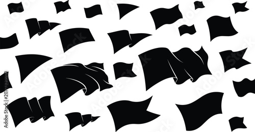 Waving black flags silhouette template set isolated on white background for graphic design elements