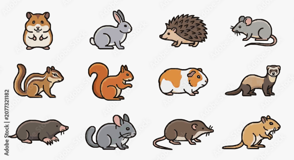 Fototapeta premium Modern Colorful Set of 12 Whimsical Rodents and Small Mammals for Educational or Design Use with high quality professional line art symbols for modern creative design and digital branding projects
