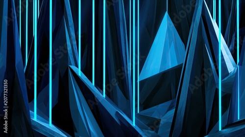 Abstract Blue Geometric Crystal Formation with Neon Light Beams.