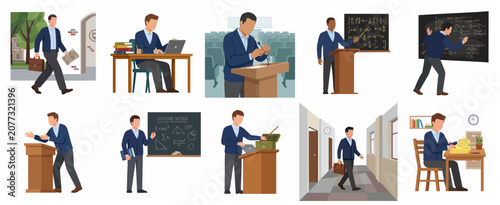 Set of male university professor or lecturer illustrations in various professional scenarios like teaching, lecturing, grading papers, and walking on campus.