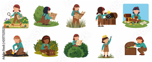Fotografie Set of cute little girl treasure hunters exploring and finding treasures in natu