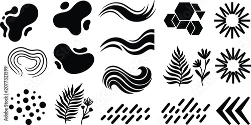 Abstract black graphic design elements set featuring organic blobs waves and leaves on white background