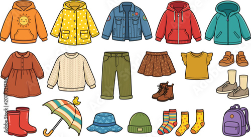 Cute autumn kids clothing set, children winter fashion apparel vector illustration collection, isolated on white background.