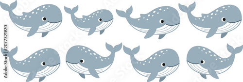 Photos Cute cartoon whale vector illustration set, blue whales swimming pattern, marine