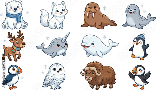 Cute Arctic animals cartoon vector illustration set, polar bear, penguin, walrus, seal, narwhal