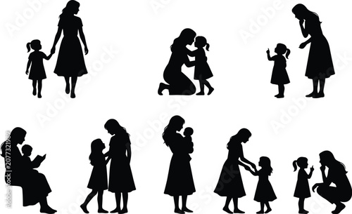 Mother and child silhouette vector illustration set, mom holding hands with daughter, hugging baby