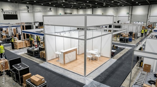 Modern Exhibition Stand Setup at a Large Trade Fair Convention Center Venue with Assembly Crew