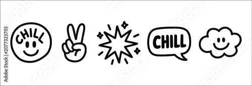 Bild auf Leinwand Hand drawn black and white doodle icons featuring a chill smiley face, peace sign, sparkling star, speech bubble and sleeping cloud, relaxed positive vibe vector illustration design concept