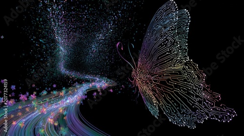 Abstract Digital Butterfly Emerging from Colorful Swirls of Light.