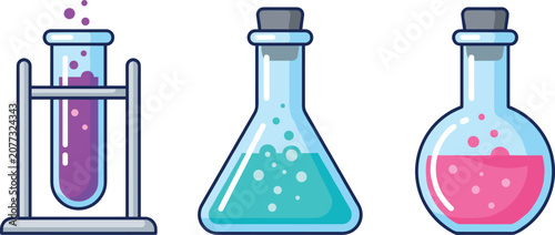 Photos Science laboratory glassware vector illustration set with test tube erlenmeyer flask beaker with colorful bubbling chemical liquid isolated on white background for education design