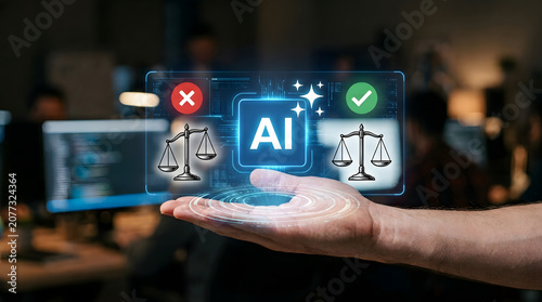 Hand Holding Holographic AI Icon With Scales Representing Justice, Ethics, Law And Technology Balance