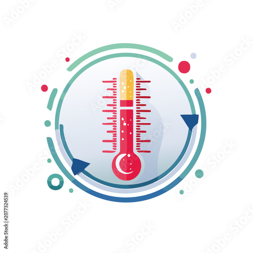 Flat vector thermometer with circular frame and arrows