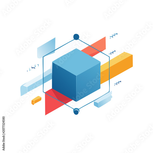 Hexagonal wireframe cube with geometric elements