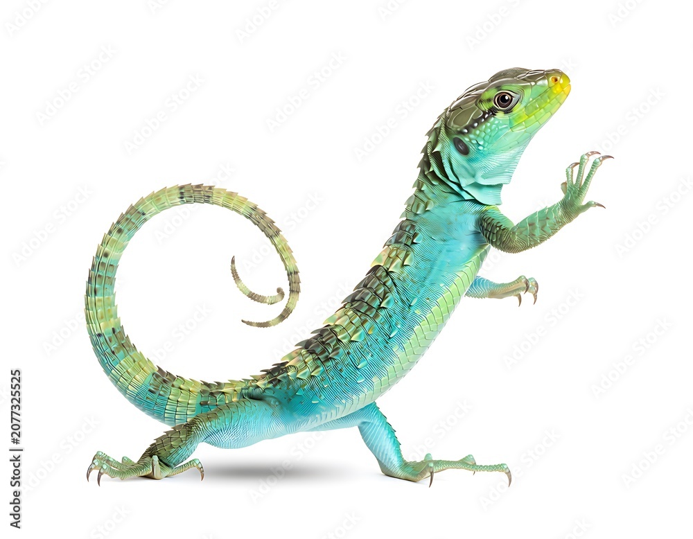 Fototapeta premium Blue Green Lizard With Curled Tail Isolated On White