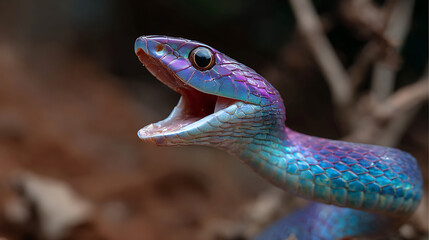 exotic venomous snake with vivid scales captured in detailed wildlife photography showing aggressive open jaw