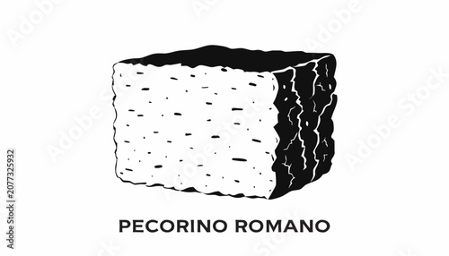 Canvastavla Very beautiful black and white vector of PECORINO ROMANO featuring detailed natural rind and firm texture, isolated on white background, with a bold label reading PECORINO ROMANO beneath