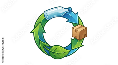 Circular recycling symbol with bottle box and leaf
