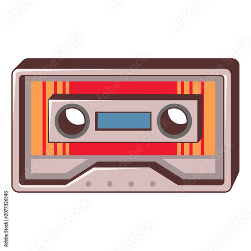 A retro cassette tape vector illustration featuring a clean flat design style, bold outlines, and vintage inspired colors (orange and red horizontal hatch).