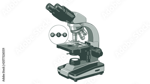 Laboratory microscope with carbon dioxide molecule diagram