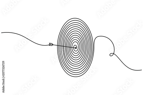 Arrow hitting the center on a target board icon sign continuous one line drawing on white background minimalist success business goal symbol outline vector illustration