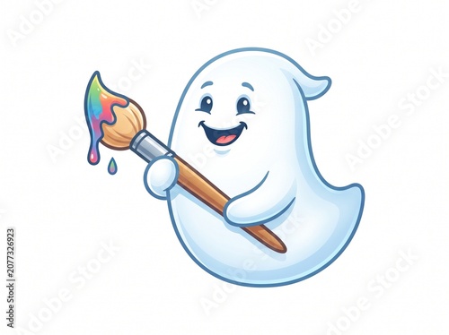 Cute ghost artist holding a colorful paintbrush, friendly cartoon ghost character with rainbow paint, creative spirit mascot for Halloween art