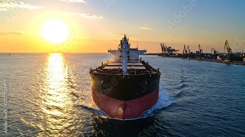 A large cargo ship sails into the harbor at golden sunset