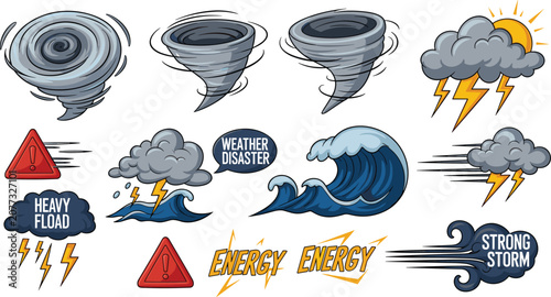 Fotografie Extreme weather disaster vector elements set featuring powerful tornadoes severe