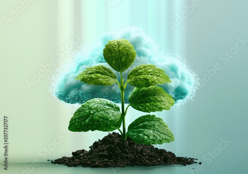 Green Sprout Emerging from Soil with Blue Cloud Symbolizing Growth and Ideas.