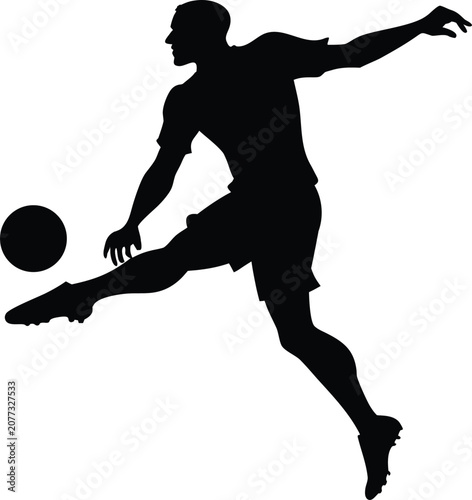 Soccer Player Kicking Ball Silhouette Isolated on White Background, Football Player Action Vector