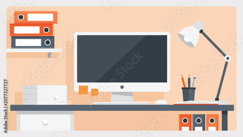 фотографія Flat design office workspace vector illustration with computer and lamp