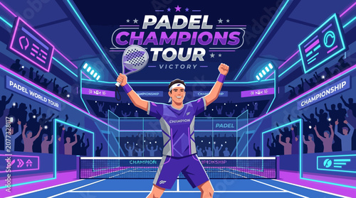Padel Champion Celebrating Victory On Futuristic Sports Tour Stage
