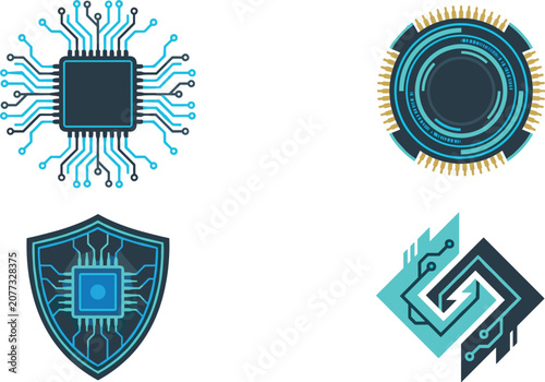 Futuristic cybersecurity and digital hardware technology vector logo set with computer cpu microchip circular interface cyber security shield and abstract geometric circuit board icons