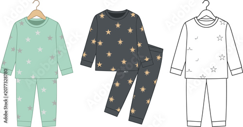 Cute kids pajamas vector set with long sleeve shirts and pants featuring star and sun patterns on clothing hangers isolated on white background