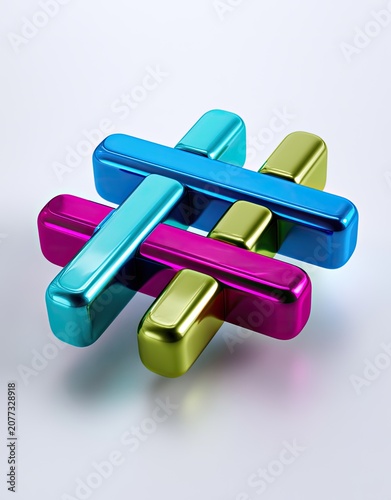 Colorful Metallic Hashtag Symbol Interlocking Abstract Design.