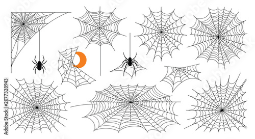 Set of diverse spider web designs includes various shapes and sizes, accompanied by a black spider and a bright orange crescent moon.