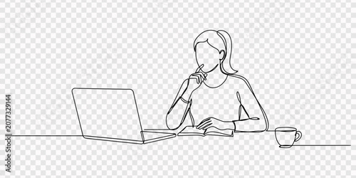 Continuous line drawing of a woman sitting at a desk with a laptop and coffee cup, Continuous one line drawing of an assistant managing emails. Minimalist vector illustration of a woman using a laptop