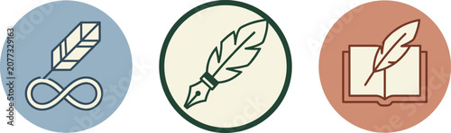 Creative writing and literature circle icon vector set with quill feather pen combined with infinity symbol fountain pen nib and open book isolated on white background