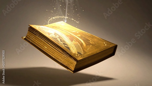 Floating Book with Golden Pages and Light Rays.